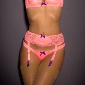 Agent Provocateur PAMMIE Suspender Garter Belt Neon Pink Satin Lace Purple Bow 4